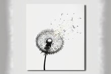 A Dandelion Blowing In The Wind On A White Background With A White Frame On The Bottom Of The Picture Is A Black And White Photo.  Generative Ai