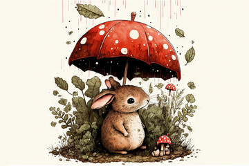 Poster -  a drawing of a rabbit holding an umbrella in the grass with a mushroom on it's head and a mushroom on the ground behind it.  generative ai