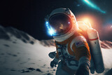 Fototapeta Kosmos - explorer astronaut in desert on a moon. Generative AI