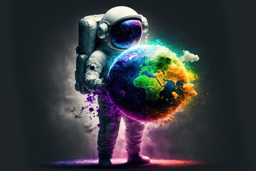 Wall Mural - an astronaut is holding planet earth , generative ai