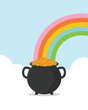 Pot full of gold at the end of a rainbow concept. St Patrick's day background. Flat design vector illustration. 