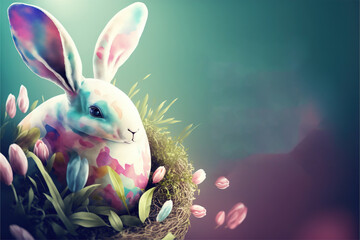 Wall Mural -  a rabbit sitting in a nest with flowers on it and the words hasshi hashh written on the front of it, and a green background with pink tulips. Generative AI