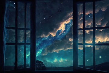 Wall Mural - big window open to galaxy sky, midnight time, Generative Ai