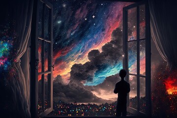 Wall Mural - a kid watching out at big window open to galaxy sky, midnight time, idea for imagination and dream concept, Generative Ai