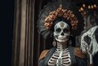 © QuietWord - close up beautiful woman wearing skull make up during Day of Dead festival, Day of the Dead or Día de los Muertos, copy space background, Generative Ai not real person