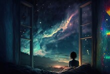 A Kid Watching Out At Big Window Open To Galaxy Sky, Midnight Time, Idea For Imagination And Dream Concept,  Generative Ai