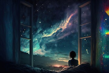 Wall Mural - a kid watching out at big window open to galaxy sky, midnight time, idea for imagination and dream concept,  Generative Ai