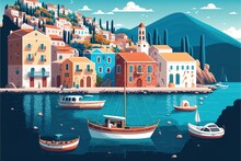 Flat Illustration Of Typical Greece Scenic Island View With A Small Harbor And Fishing Boats , Traditional White And Blue Houses A Traditional Church - Created By Generative AI