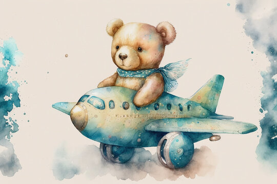Teddy bear flying a plane watercolor, Generative AI