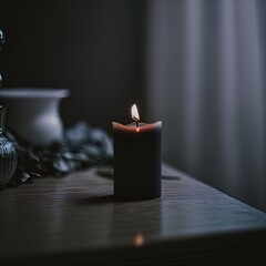 A single candle with black wax. 