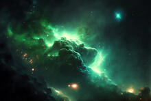 Outer Space Nebula, Stars And Green Galaxy 