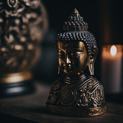 Wall Mural - a statuette of Buddha illuminated by candlelight stands on the table