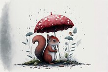  A Painting Of A Squirrel Holding An Umbrella In The Rain With A Butterfly Flying By Onlookers Watching From The Ground Below It.  Generative Ai