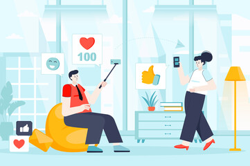 Aufkleber - Social network concept in flat design. Man and woman use social networks scene. Content creation, digital marketing, post, likes, follow. Illustration of people characters for landing page