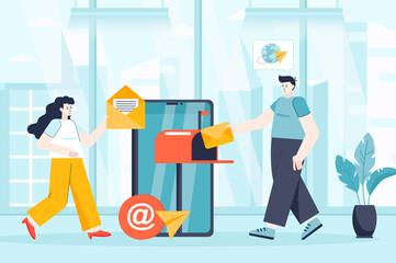 Aufkleber - Mobile email service concept in flat design. Colleagues work at office scene. Man and woman sending newsletter, messaging, business marketing. Illustration of people characters for landing page