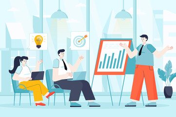 Aufkleber - Business training concept in flat design. Colleagues at conference scene. Employees listen to coach, improve qualifications, success career. Illustration of people characters for landing page