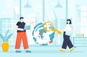 Aufkleber - Outsourcing company concept in flat design. Remote workers in office scene. Employees work in international company, online business process. Illustration of people characters for landing page