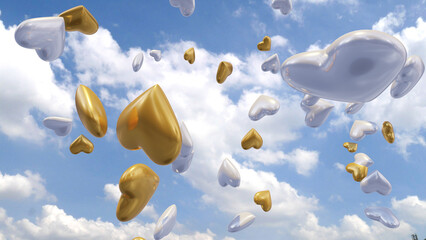 Wall Mural - Hearts Fall on Sky Background 3d render