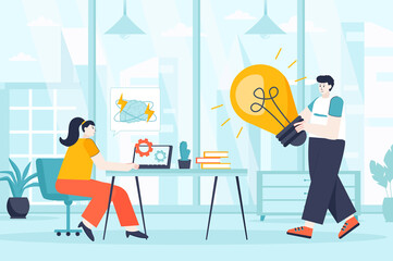 Fototapete - Creative agency concept in flat design. Marketing team work in office scene. Man and women come up creative ideas, create ads, make content. Illustration of people characters for landing page