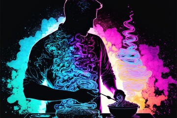 Wall Mural - Silhouette of a man who is baking with neon background,Generative ai.