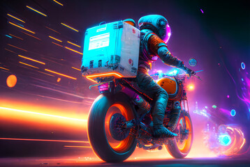 Wall Mural - Astronaut on a delivery bike during intergalactic delivery using Generative AI