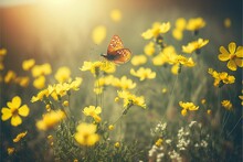 Beautiful Spring-summer Shot Of Yellow Flowers And Butterflies In The Meadow