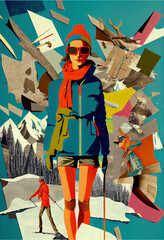 Ski Vacation Poster, Winter sports print, Vintage art, Collage art, AI generative, Trendy collage with mountains, winter sport resort, pop colors, interior art poster, mountain cabin decoration