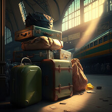 Vintage Suitcases And Luggage Piled Up On The Platform Of An Old Train Station - Created With Generative AI Technology
