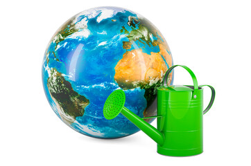 Wall Mural - Watering can with Earth Globe, 3D rendering