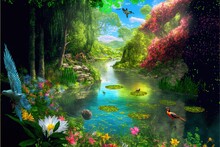 Fantasy Painting Photo Wallpaper Of A Forest Landscape With A Lake, Plants, Trees, Roses, Birds, Peacocks, Butterflies, And Insects Generative AI Digital Illustration.