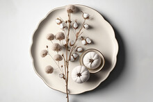  A White Plate With A Flower And Two Small White Pumpkins On Top Of It, On A White Wall, Next To A Plant.  Generative Ai