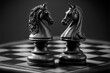  a black and white photo of a chess board with a horse head on top of the chess board and a horse head on the board.  generative ai