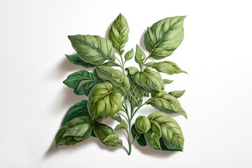 Wall Mural -  a painting of a plant with green leaves on a white background with a brown frame on the left side of the frame is a piece of paper with a drawing of a plant with green leaves on it.  generative ai