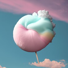 A Pink, Blue, And Green Lollipop With Clouds In The Sky In The Background, With A Pink Cloud In The Middle Of The Lollipop.  Generative Ai