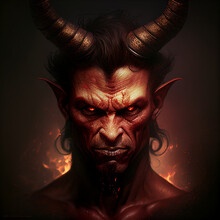 Illustration Of Red Satan Portrait On Fire On Fire Background On Dark Background In Hell, Christian Religion, Generative AI
