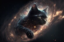  A Black Cat With Blue Eyes Is In The Center Of A Galaxy Like Image With Stars And Dust In The Foreground And A Black Background.  Generative Ai