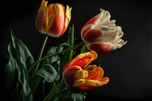  A Painting Of Three Tulips On A Black Background With A Black Background And A Black Background With A Black Background And A Black Background With A Red And Yellow Tulip.  Generative Ai