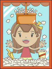 Sticker - Girl popcorn machine, happy cute child