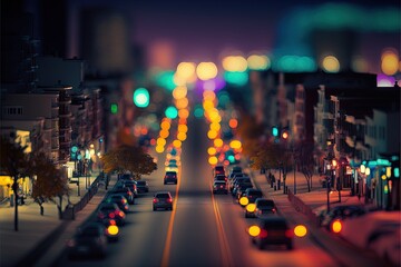 a city street filled with lots of traffic and traffic lights at night with buildings in the backgrou