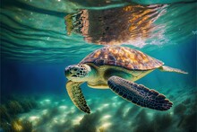  A Green Turtle Swimming In The Ocean With Sunlight Shining On It's Back And Its Head Above The Water's Surface, With A Sunbeam Visible Above The Water Surface.  Generative Ai
