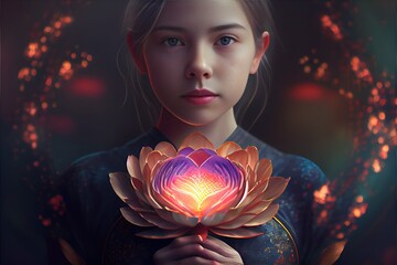 Lotus flower in the heart of a beautiful young woman. Generative AI. (1)