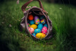 Pâques, Easter Eggs, oeufs colorés dans un sac posé dans l'herbe, nature (AI)