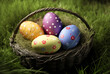 Pâques, Easter Eggs, oeufs colorés dans un panier posé dans l'herbe, nature (AI)