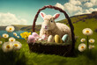 Pâques, mignon Agneau de Pâques dans un panier, Easter Eggs, oeufs colorés (AI)