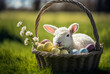 Pâques, mignon Agneau de Pâques dans un panier, Easter Eggs, oeufs colorés (AI)