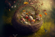 Pâques, Easter Eggs, oeufs colorés avec des fleurs dans un panier, dans une prairie (AI)