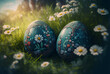Pâques, Easter Eggs, oeufs colorés peint à la main posés dans l'herbe (AI)