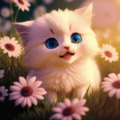  a white cat sitting in a field of flowers with a smile on its face and eyes, with a pink flower in the foreground, ai generated