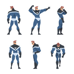 Wall Mural - Man Superhero Character Dressed Black and Blue Costume and Mask in Action Vector Set