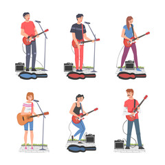 Wall Mural - Young Man and Woman Musician Guitarist Character Playing Guitar and Singing Performing Street Concert Vector Set